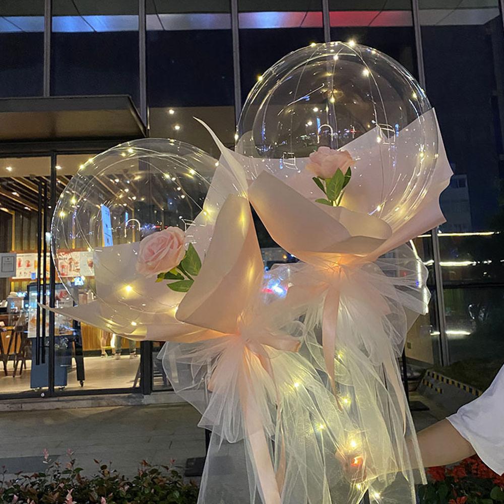 Poignée Ballon Led Avec Des Bâtons Lumineux Transparent Rose Bouquet Avec Batterie Paquet Pour Anniversaire De Mariage Saint-Valentin