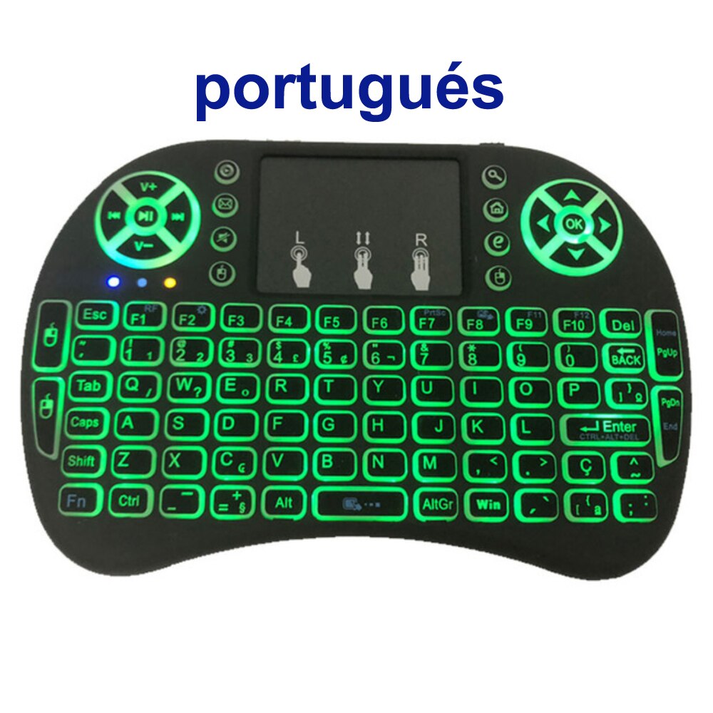 Yitukeji I8 Mini Wireless Keyboard Backlit English Russian French Spanish 2.4GHz Air Mouse Remote Touchpad for Android TV Box PC: Portuguese / AAA batteries