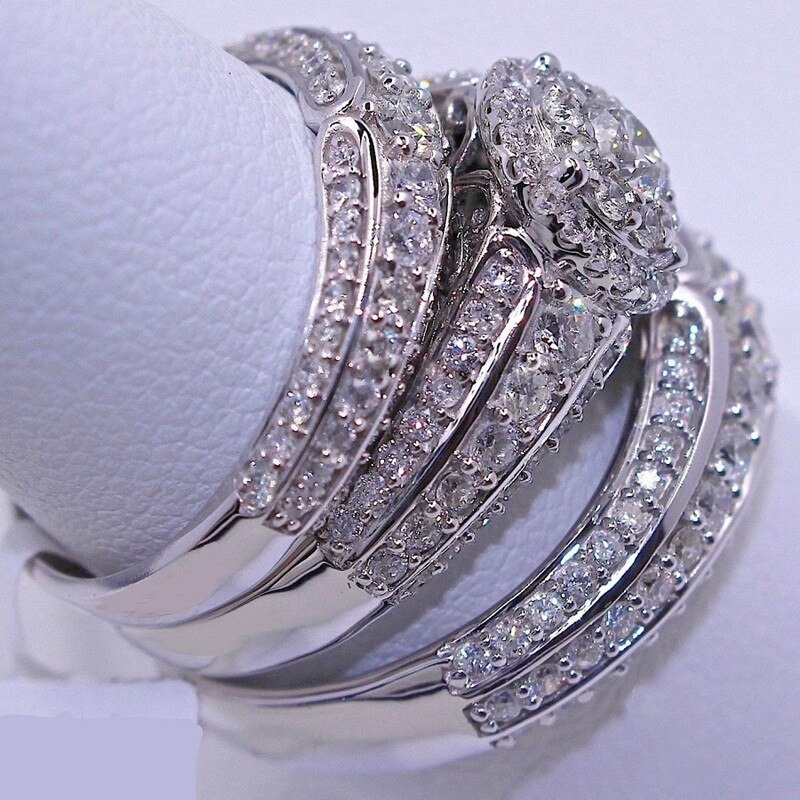 3 pçs/set Luxo Requintado Mulheres Anel de Cristal Branco de Noiva Banquete Cocktail Aniversário Anel de Noivado Anel de Casamento Conjunto de Jóias
