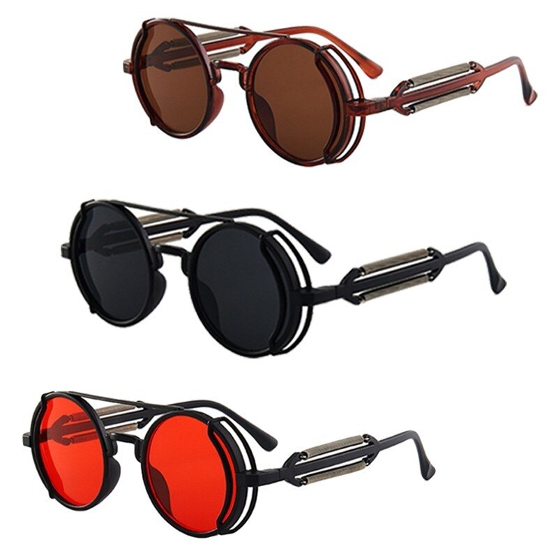 Punk Sunglasses Round Frame Retro Steampunk Style Glasses for Men Women Gothic Decoration Shading Hollow Spring Leg Eyewear
