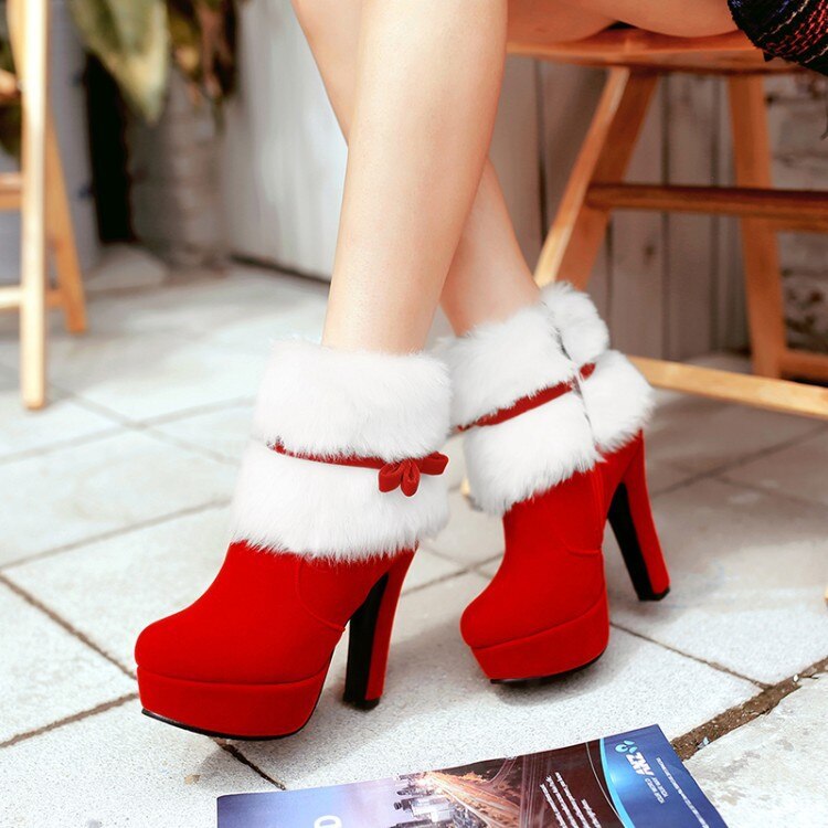 Vrouwen Enkellaarsjes Kerst Hoge Hakken Platform Schoenen Femme Winter Warm Bont Korte Laarzen Rood Zwart Dames Partij Schoenen Plus size