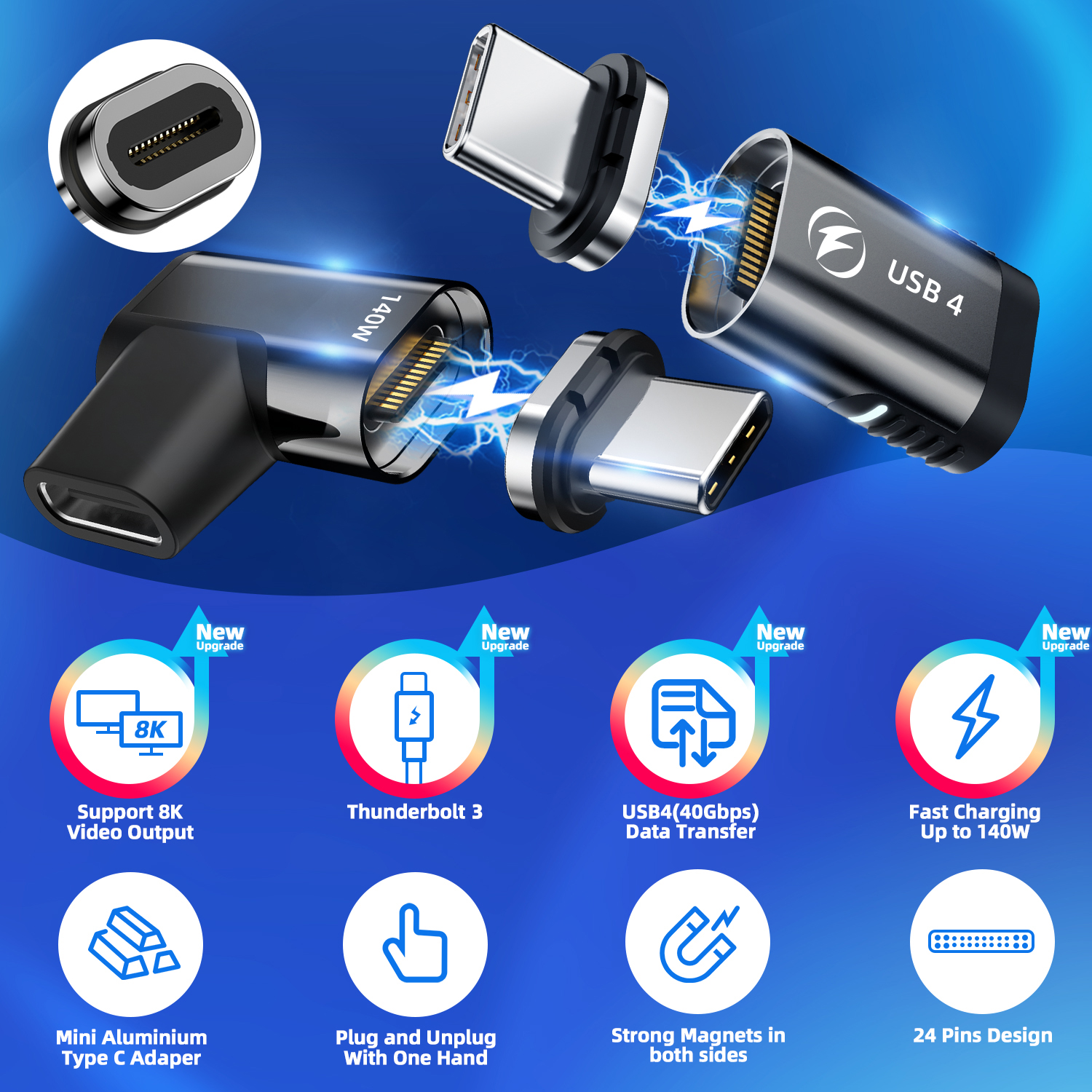Adaptador magnético USB 4,0 de 140W, USB C a tipo C, 40Gbps, conector de Cable convertidor magnético de carga rápida, adaptador USB tipo C de 8K @ 60Hz