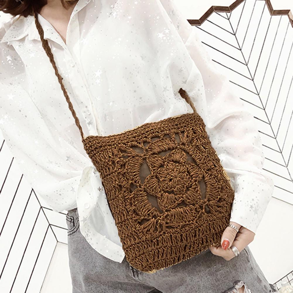Bolsa transversal de palha para verão, bolsa de ombro trançada de crochê flor para mulheres e meninas, bolsa de praia em rattan, bolsas para viagem, 2021: Coffee