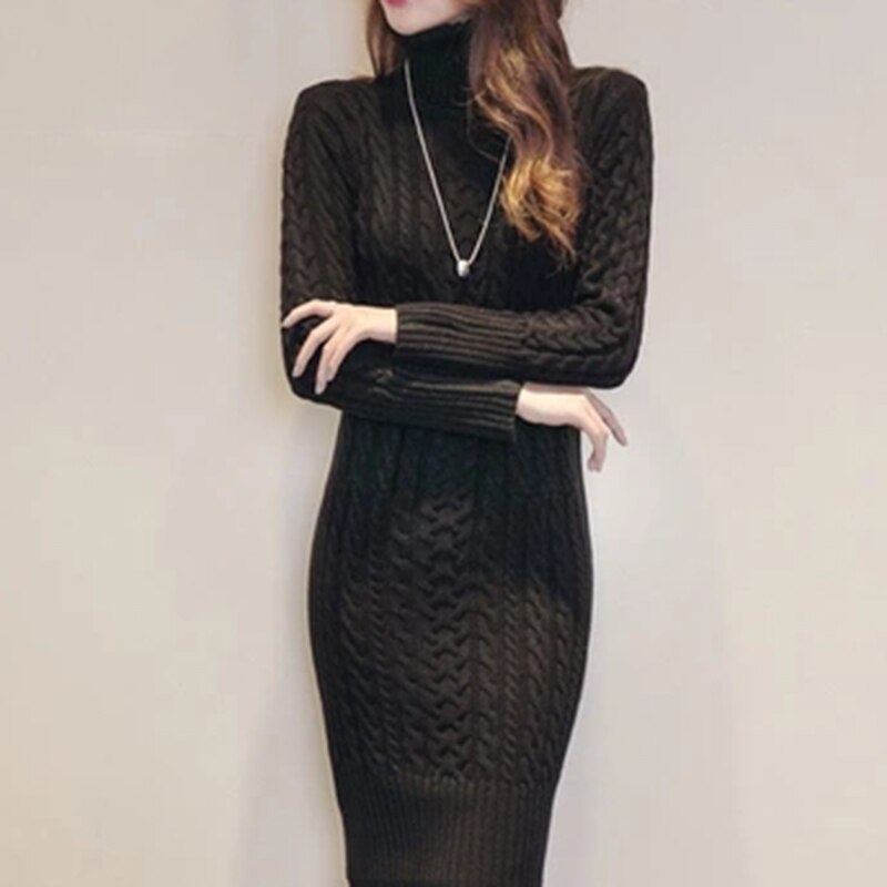 Herfst Vrouwen Sexy Gebreide Trui Lange Jurken Dames Slim Elastische Winter Coltrui Lange Mouw Gebreide Jurk vestido F277: Zwart