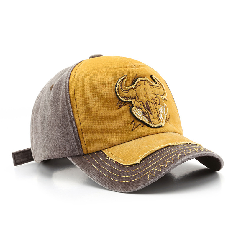 Casquette de Baseball avec tête de taureau brodée pour hommes et femmes, chapeau rétro de rue américaine, en coton délavé, pour papa, pour l&#39;extérieur, Hip Hop, à rabat, pour le soleil: Yellow