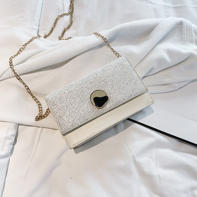 Women's Bag Mini Bag Women's Messenger Bag Sequin Chain Lock Square Sling Bag clutches women YUBAI: White