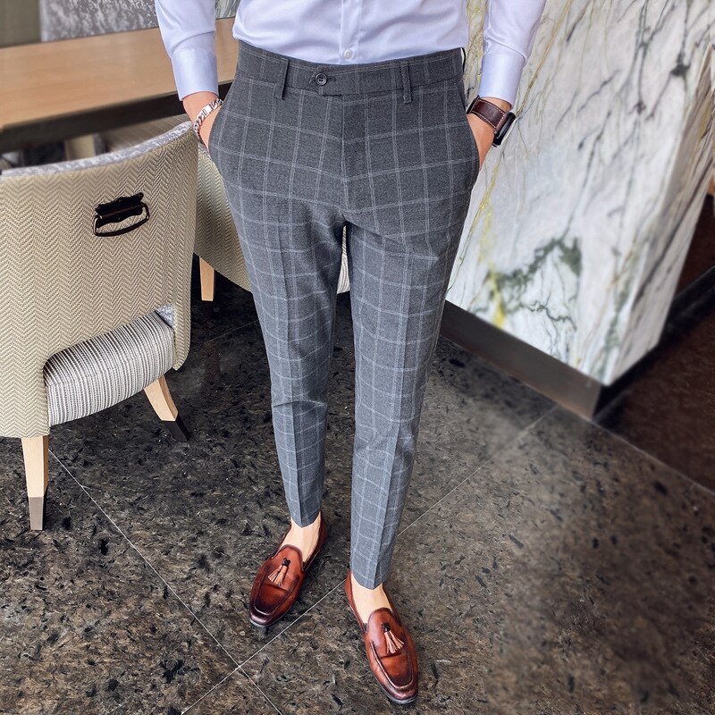 Formal Plaid Dress Trousers Men Slim Ankle Length Business Office Suit Pants British Style