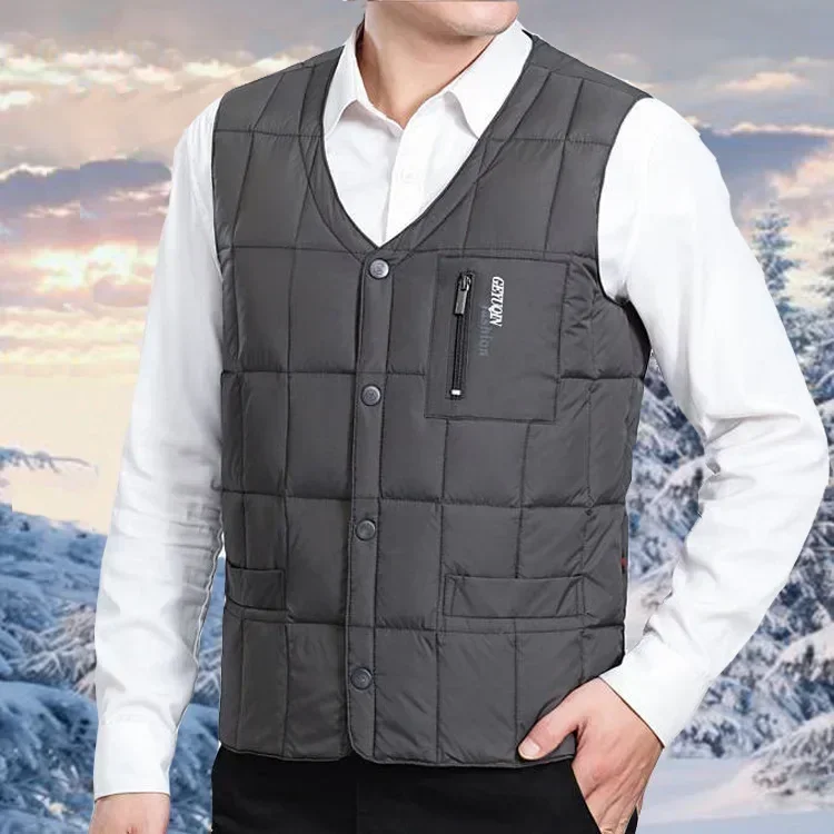 Leve pato para baixo colete quente para homens inverno com decote em v sem mangas jaqueta quente masculino botão para baixo colete casaco moda casual: XXL / Azul