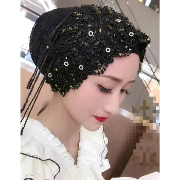 Boutique Handwork Muslim Bride Lace Wedding Party Hijabs Caps 2pcs/set: E