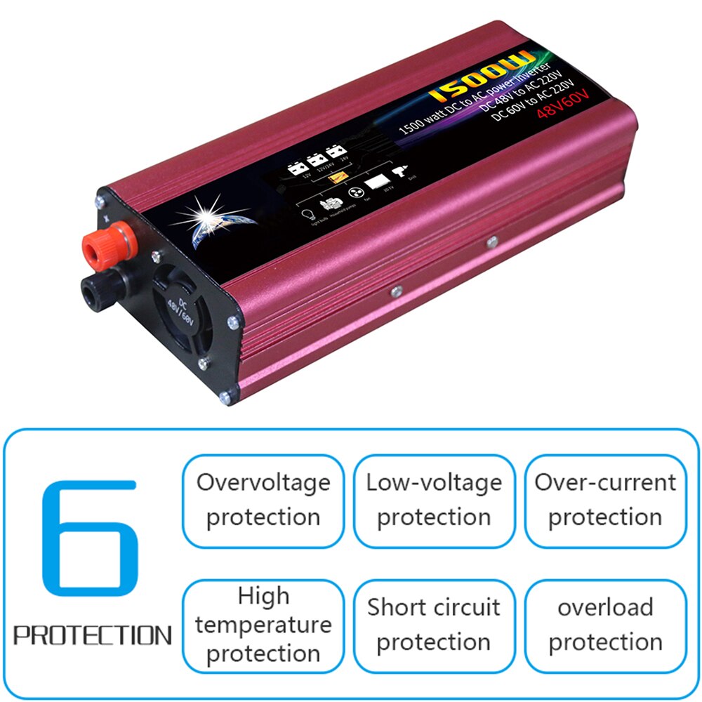 Dc 48v/60v to 220v ac-auto-omvormer led-indicator-omvormer met intelligente koeling, universele gemodificeerde sinusgolf 1500w