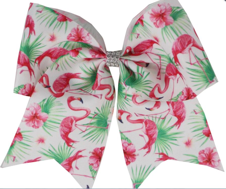 7 tommers trykt bling flamingo cheer buer hår buer med strikk / hårklemme hestehale for barn jente gjør det selv hår tilbehør