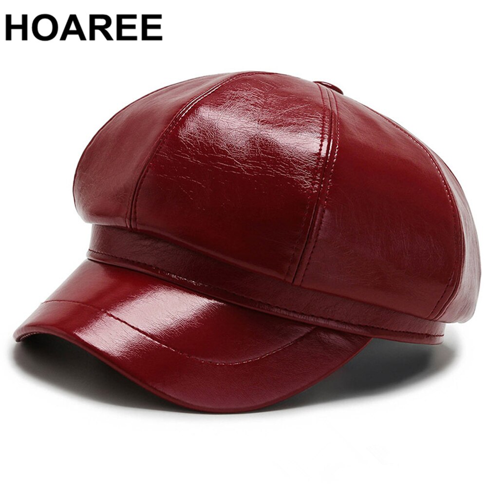 HOAREE rouge casquette gavroche femmes Vintage en cuir Pu automne hiver chapeaux pour femmes solide dames béret femme octogonale chapeau