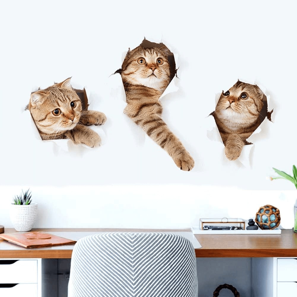 Removable 3D Cartoon Animal Cats Wall Stickers Hole View Vivid Dogs Bathroom for Home Decoration Animals Vinyl Decals Art Sticke