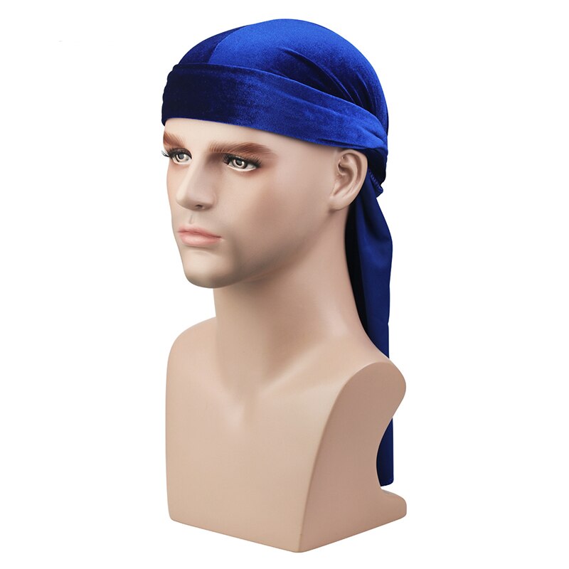 Haar Fluwelen Durag Bandana Hoofdband Hoeden Vrouwen Mannen Lange Staart Piraat Golven Bandana Tulband Head Cover Cap Moslim Hijab Hoofddoek: Blauw