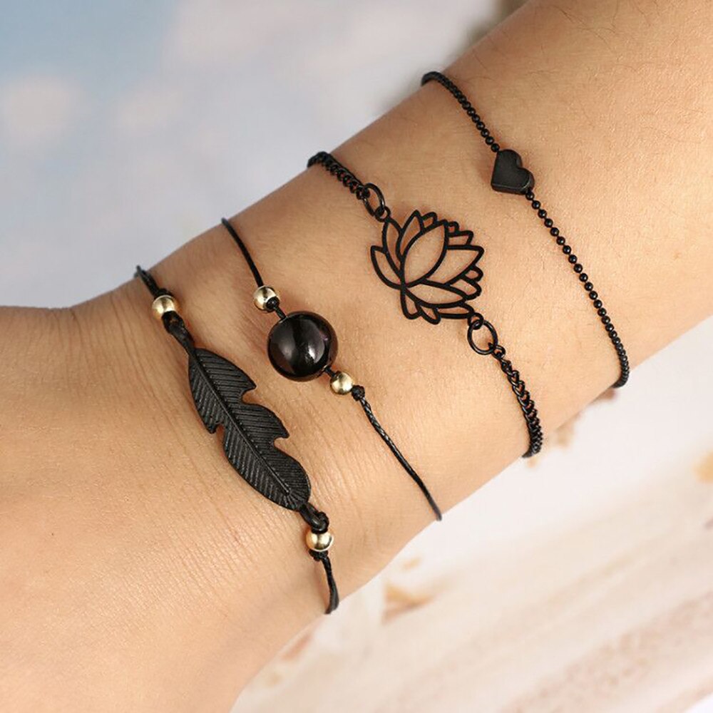 Böhmen Blatt Knoten Hand Manschette Kette Charme Armbinde Schwarz Liebe Herz Durchbrochene Lotus Ball Blätter Armbinde 4 teile/satz FB: Default Title