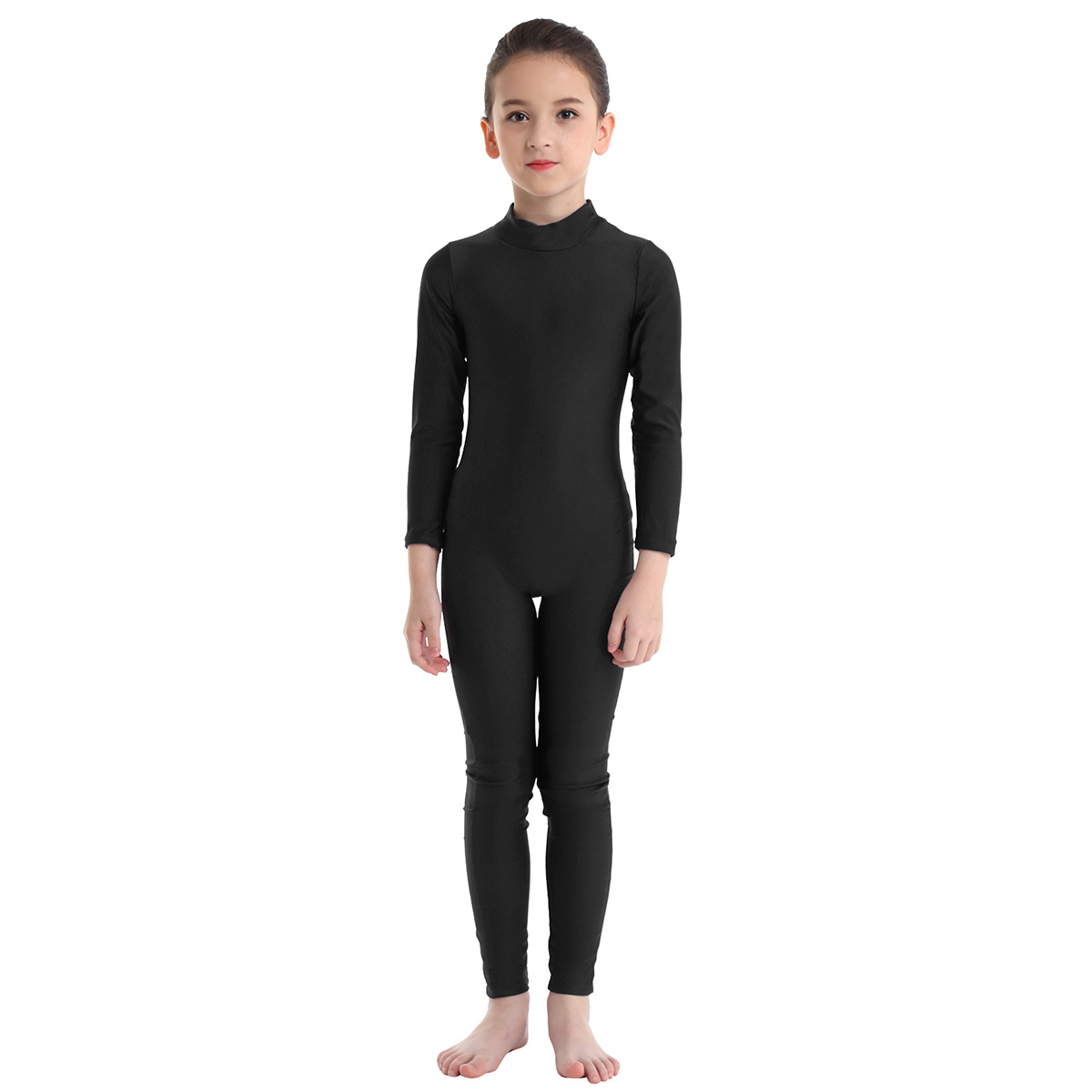 Kids Girls Long Sleeve Zippered Ballet Dance Gymnastics Unitard Catsuit Stirrup Nylon Lycra Show Stage Wear Leotard Bodysuit