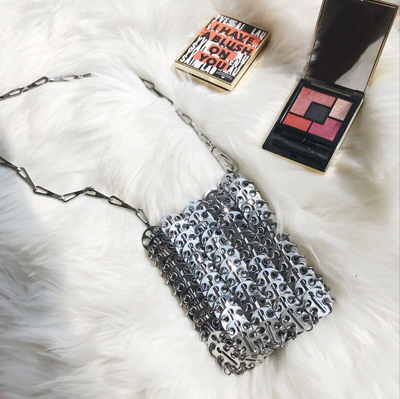 luxury Women Bags Metal Sequins Chain Woven Bag Hollow Evening Bags Clutch Female Travel Shoulder Bag Handbag: Small silver