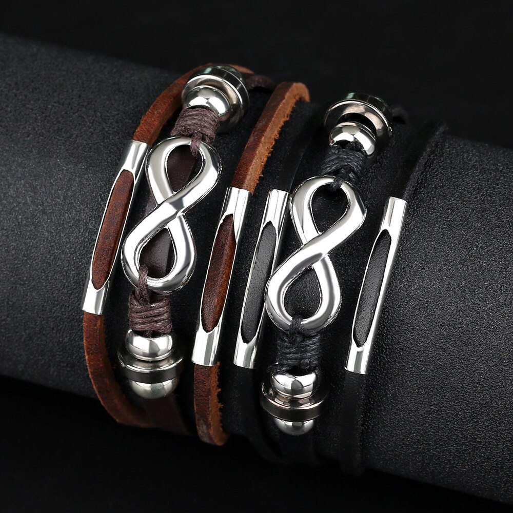 Jewelry Alloy Bead Infinity Symbol Leather Bracelet Charm Multilayer Woven Punk Bracelet for Men Pulsera Hombre