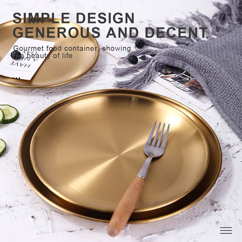 3pcs Golden Dinner Plate European Style Dinner Plates Stainless Steel Holders Round Tray Stainless Steel Kitchen Tool
