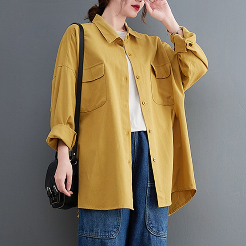 Camisa holgada de algodón de estilo chino para mujer, camisa de manga larga con botonadura única, blusas Vintage para mujer, Tops caqui, amarillo y marrón #9165
