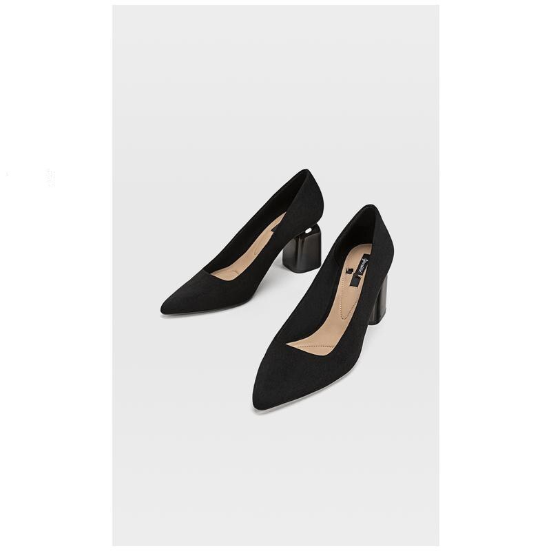 Herfst winter zwarte dames schoenen met blokhak, puntige neus, vreemde hak, damesschoenen met merknaam