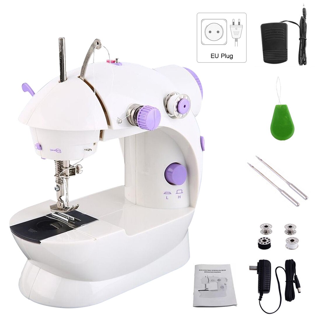 Sewing Machine Mini Portable Electric Household Crafting Mending Foot Pedal To Sew Adjustable Speed Kit For Home Beginners: EU Plug