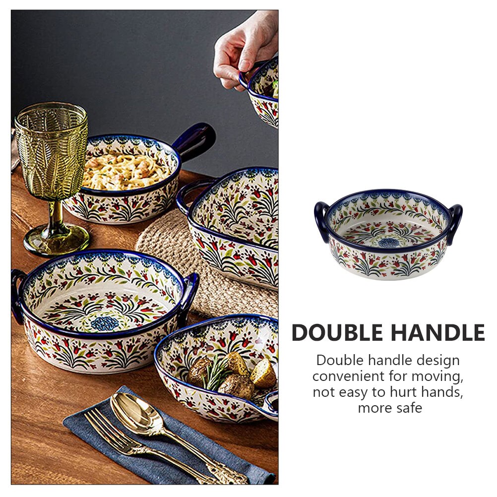 Baked Rice Serving Bowl Double Handle Ceramic Bakeware Condiment Mixing Bowl