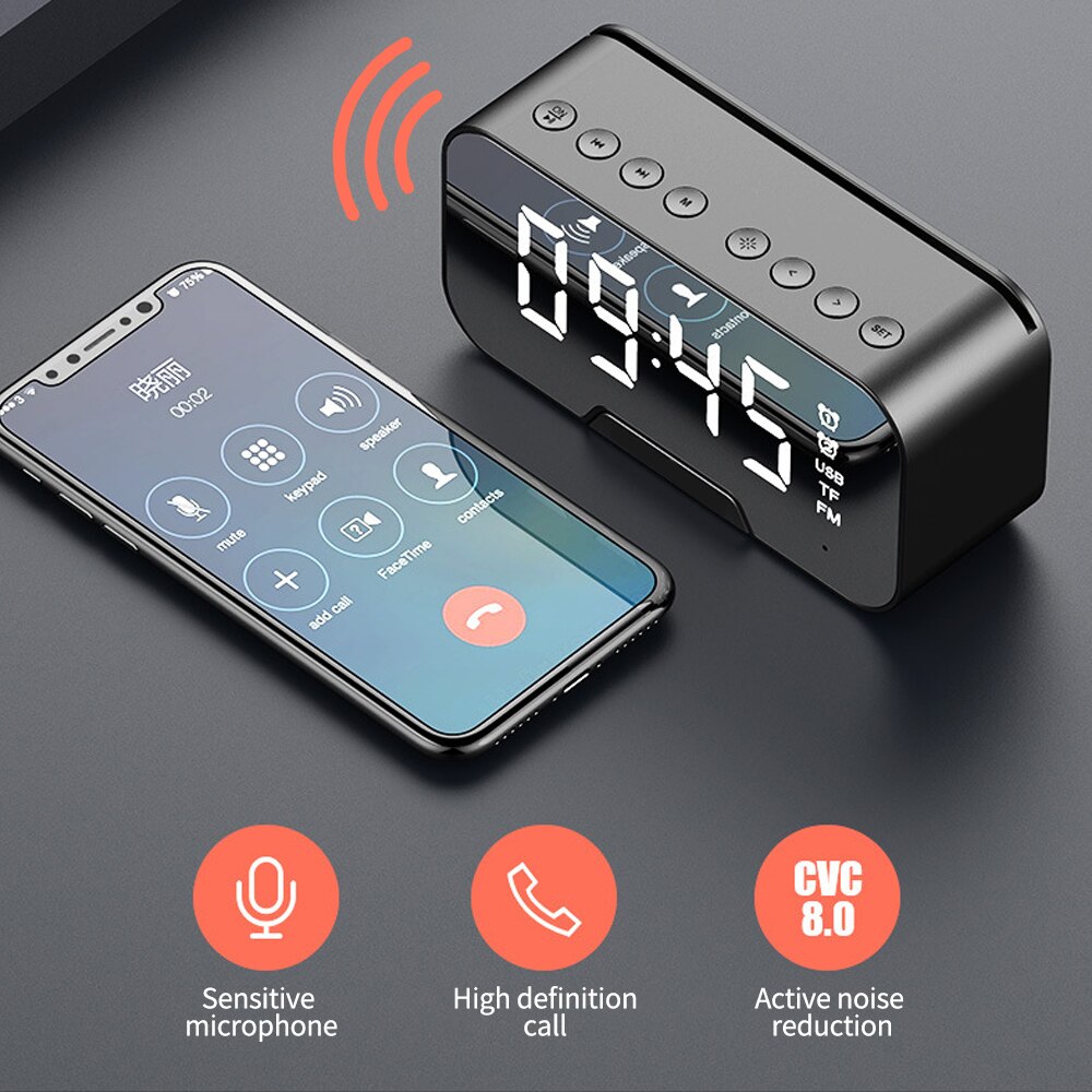 Bluetooth-højttaler med fm-radio ført spejl alarm alarm subwoofer musikafspiller snooze desktop ur trådløs