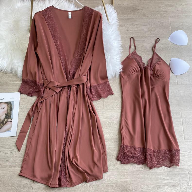 Bata roja de seda sintética para mujer, ropa de dormir de encaje dulce, camisón Sexy con cuello en V, vestido de primavera y otoño para el hogar: Castaño / XL