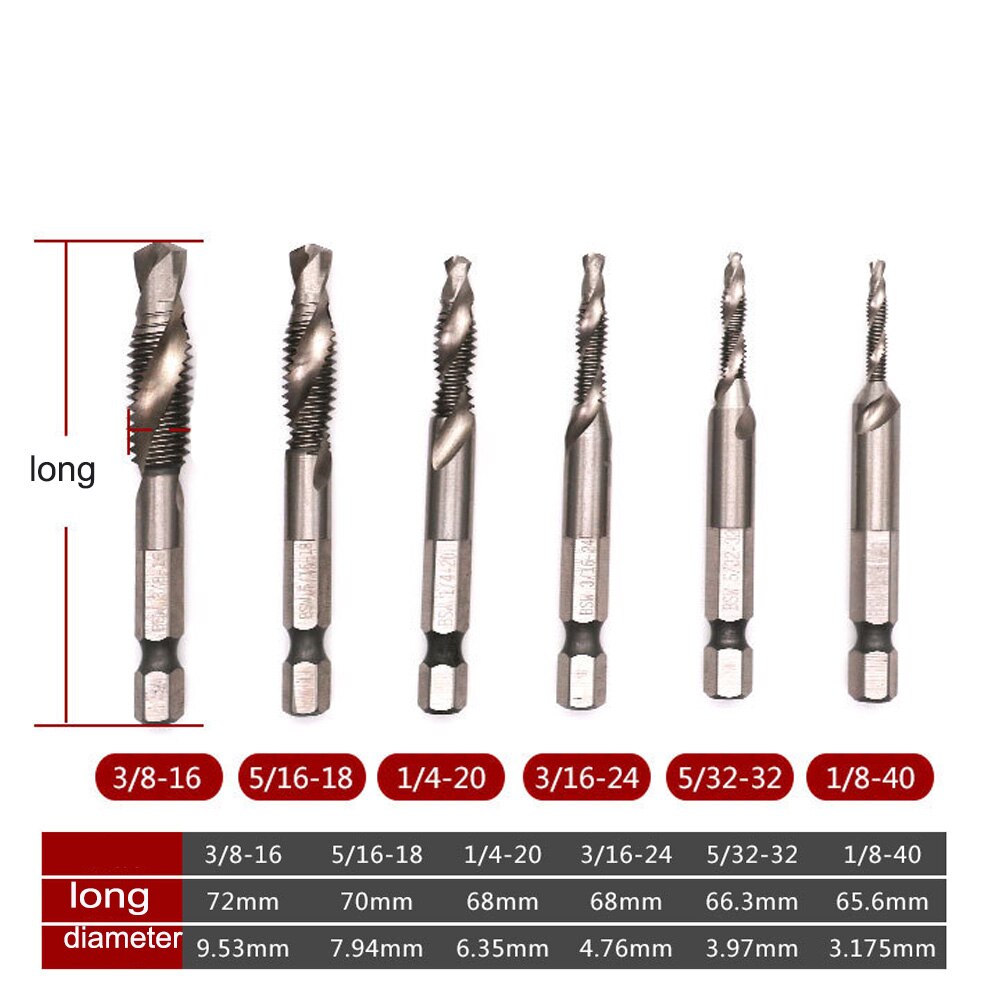 6pcs Speed Steel Screw Tap Drill Bits Hss Taps Countersink Deburr Set Metric Combination Bit High l 1/4 IN Quick Change Hex Die