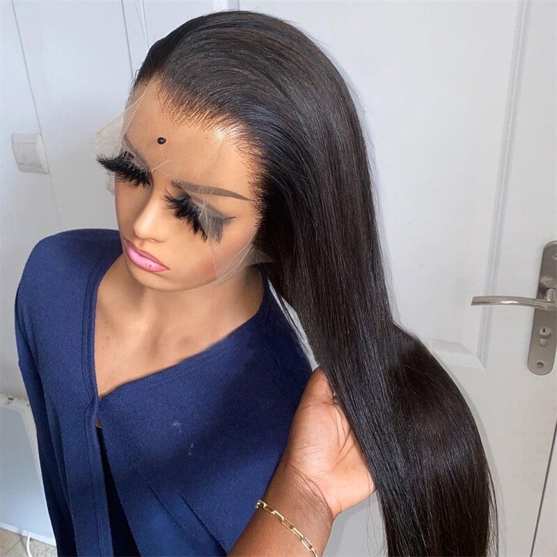 Perruque Lace Front Wig lisse noire naturelle 26 pouces, perruque en soie douce et longue, baby hair, pre-plucked, Fiber résistante à la chaleur sans colle