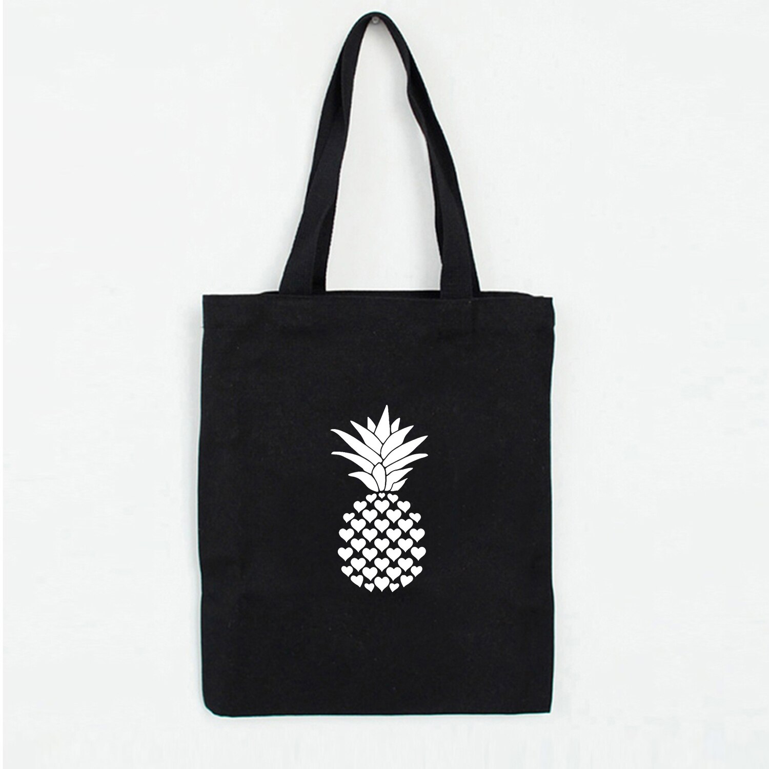 Pineapple Printed Cute Art Colorful Large Capacity Canvas Tote Bag Cloth Reusable Shopping Bag Women Beach Handbags: W172BLACK