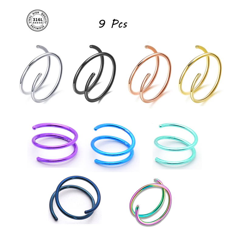Anillo de nariz de doble aro de acero inoxidable para un solo Piercing, anillo de nariz en espiral cómodo 20G 8/10mm anillos de nariz finos joyería para Piercing: Gris / Rojo