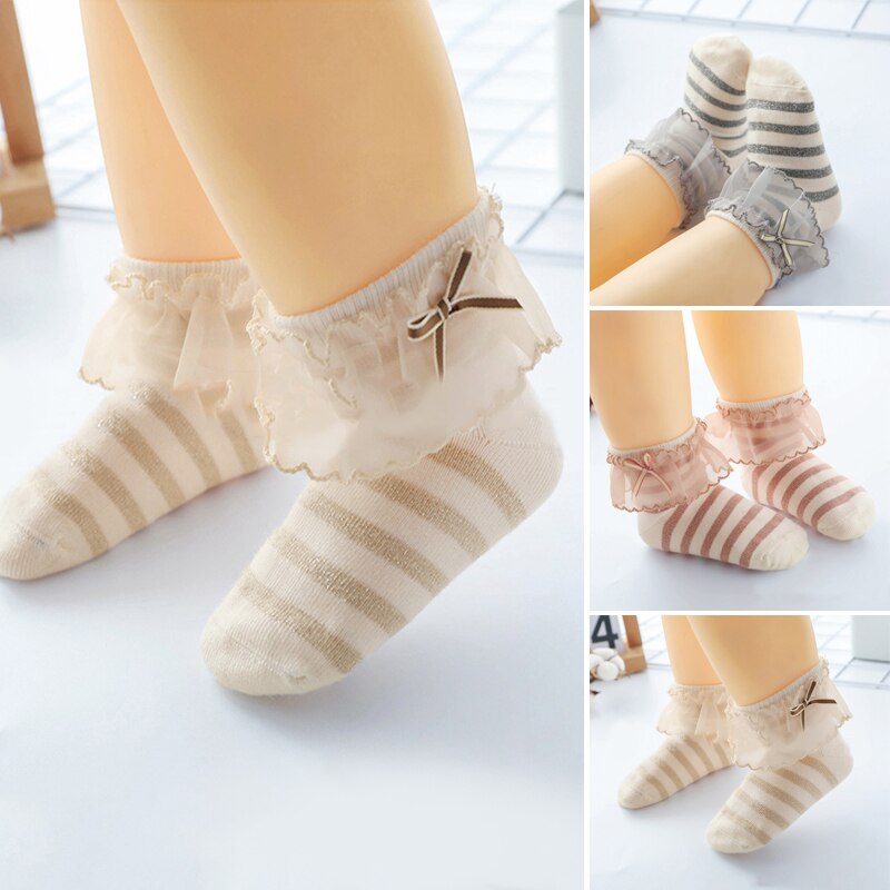 Cute Cotton Baby Girl Socks Lace Bows Newborn Kids Short Socks Striped Summer Children Toddler Infant Socks Skarpetki 0-3 Y