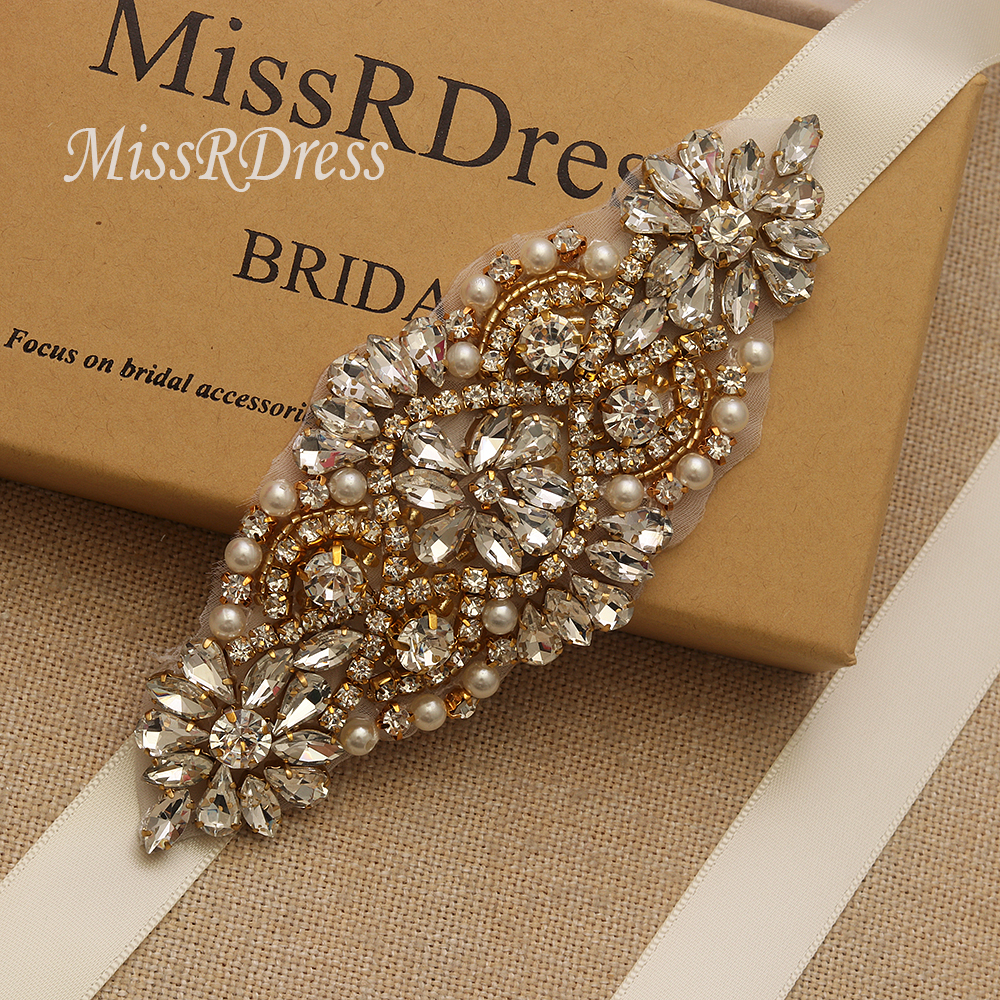 Missrdress strass brudskärp kristallpärlor brudbälte guld diamant bröllopsskärp för brudtärna klänningar  jk850