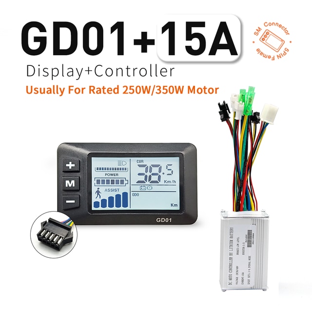 Ebike 250W 500W Controller and LCD Display 36V 48V LCD866 LCDGD01 LCDS900 Electric Bicycle Bike Display Controller: GD01 15A SM Plug