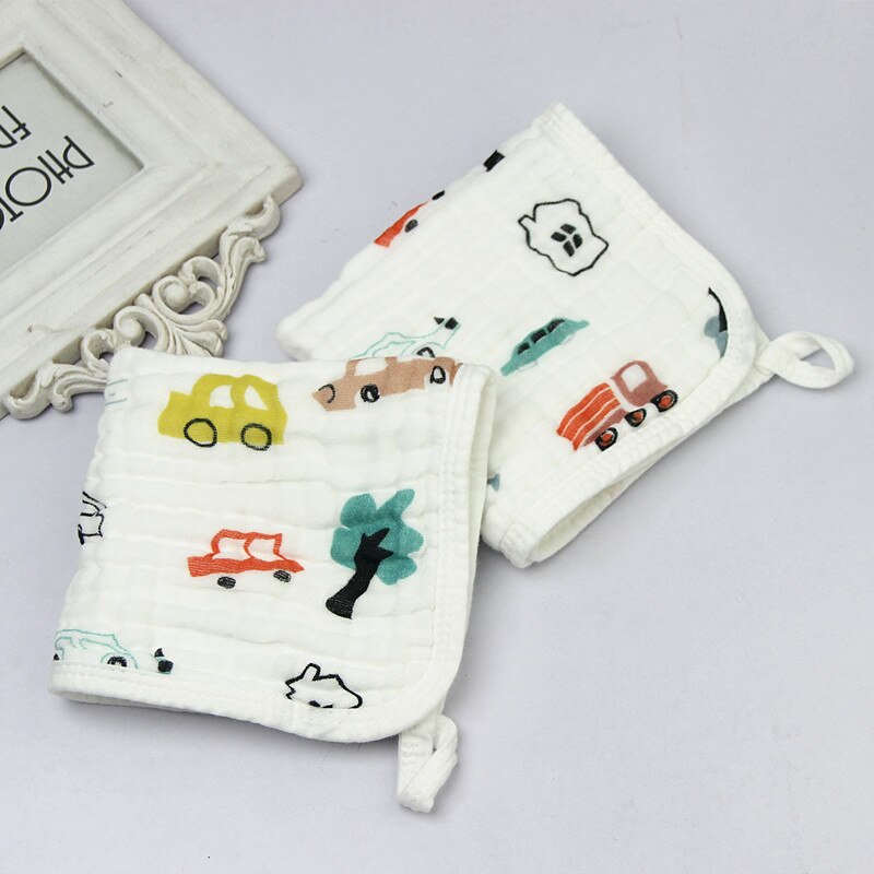 Toalla cuadrada para bebé, 6 capas de gasa, estampado de dibujos animados, Linda temperatura, lavado, arrugas, toallas faciales para Saliva, para bebé, borde, hebilla colgante: Car 1pc