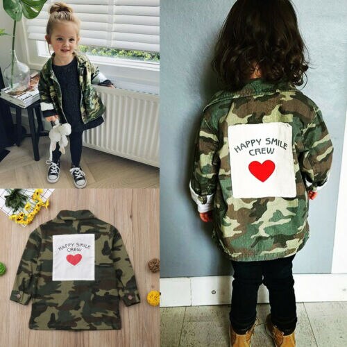 Jaqueta camuflada para meninos e meninas, casaco de manga comprida com botão e tamanhos 2 a 8 anos de outono