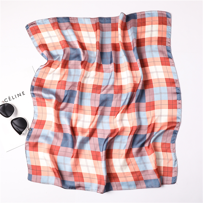 Zomer Vrouwen Sjaal Mode Plaid Print Zijden Sjaals Vierkante Kleine Size Haar Neck Bandana Sjaals Foulard