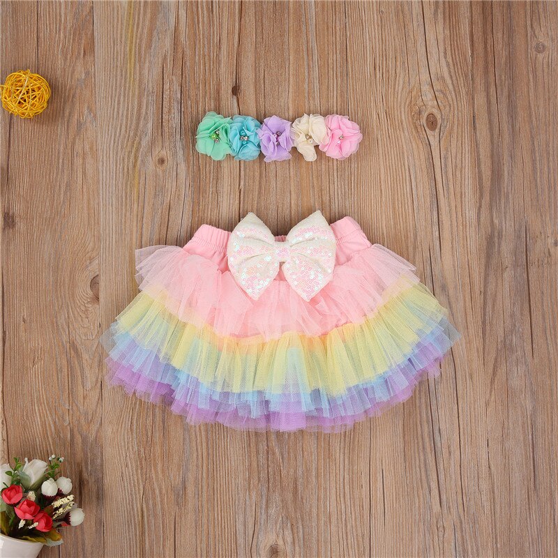 Jupe Tutu pour bébés filles 0-3M, avec bandeau, paillettes colorées, nœud papillon, en maille, couvre-chef à fleurs