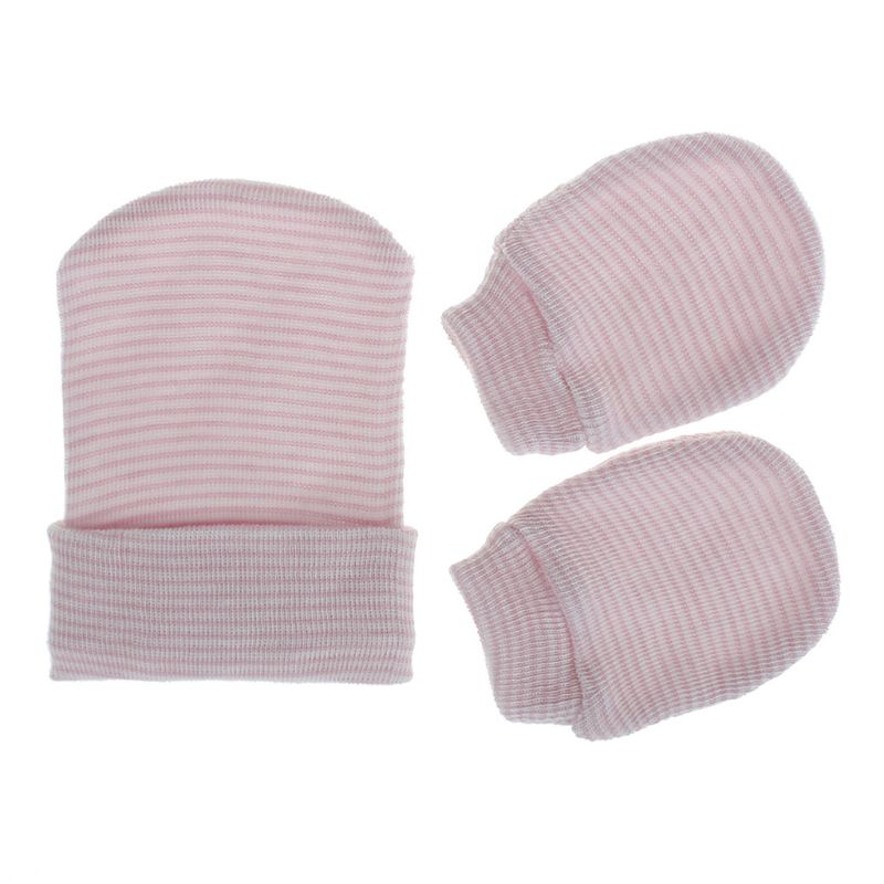 2 pçs bebê anti riscar luvas de algodão macio única camada chapéu conjunto proteção riscas luvas mais quentes kits: Rosa