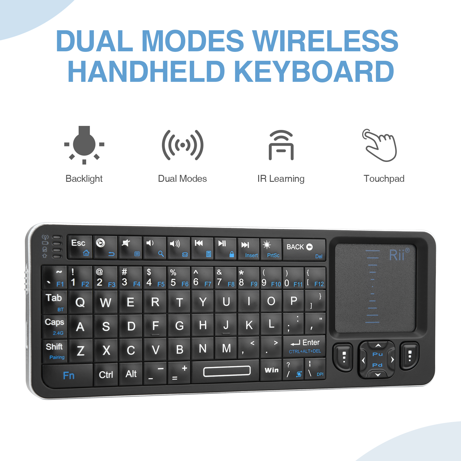 Rii K06 Mini Bluetooth-toetsenbord, 2,4 GHz draadloos toetsenbord met achtergrondverlichting en IR Learning Touchpad Android TV Box, Mac, laptop, Windows