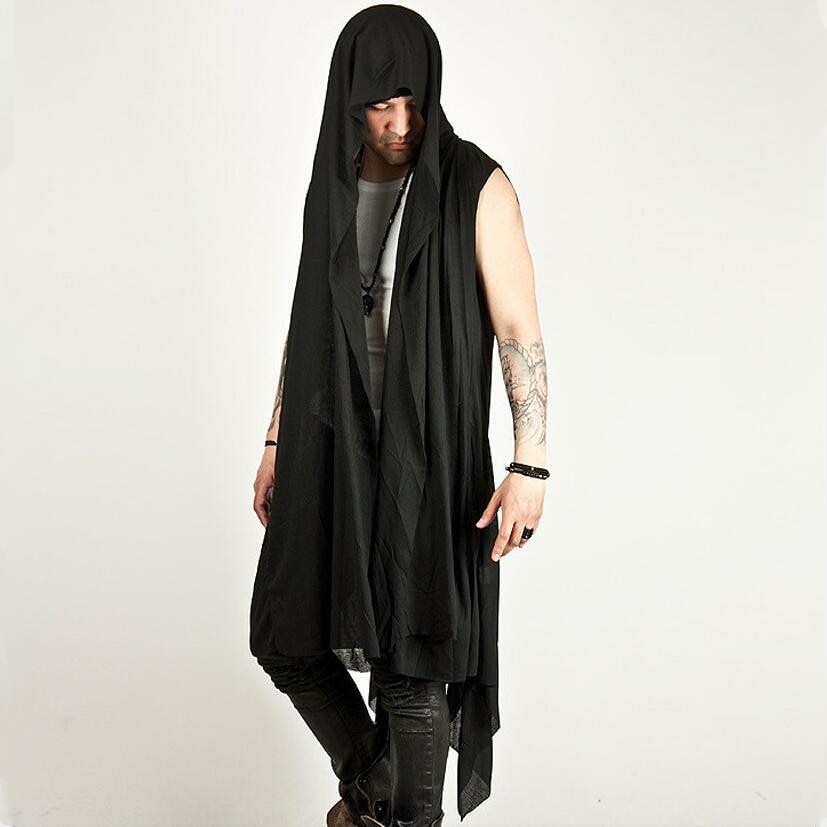 Nightclub men hip hop punk long vest sleeveless shirt cape man gothic style streetwear vest singer stage cardigan costume