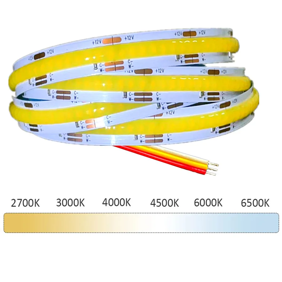 Bande Lumineuse LED FCOB CCT, Flexible, Haute Densité, FOB COB, 10mm, DC 12V, DC 24V, RA90, 608 K à 2700K, Linéaire, Variable, 6000: 6-10W / 1m