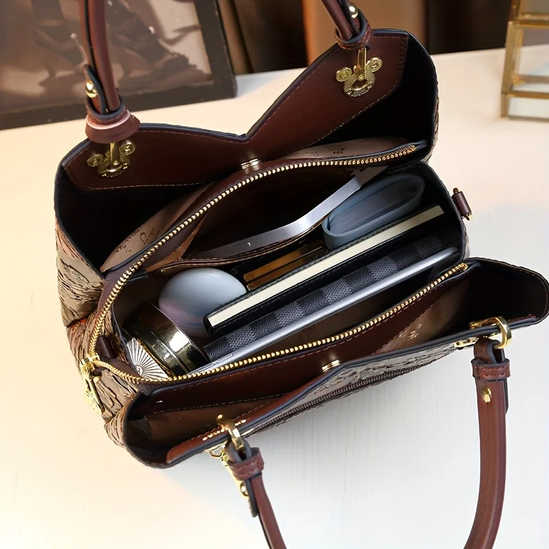 Vintage handtas met bloemenpatroon, luxe PU lederen draagtas, mode crossbody tas voor dames
