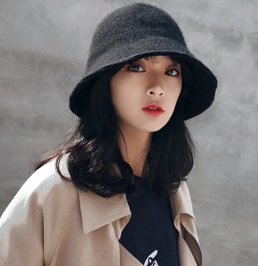 Solid Wool Bucket Hat Women Autumn Winter Fisherman Hat Vintage Knitting Wool Basin Cap