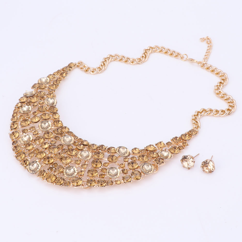 6 Kleur Mode Vrouwen Bruiloft Ketting Sets Vintage Colar Rhinestone Crystal Choker Kettingen Etnische Maxi Sieraden Sets: Gold