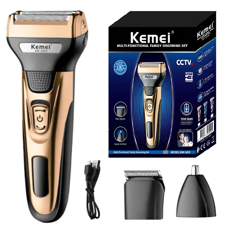 Kemei 3 em 1 kit de aliciamento barbeador elétrico para homens barba aparador de pêlos corpo nariz orelha máquina de barbear rosto navalha recarregável