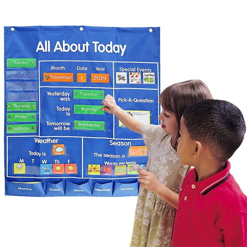 Kids All About Today Pocket Chart Daily Classroom Calendar Board Hanging Bag Child Educational Learning Pocket Chart: Default Title