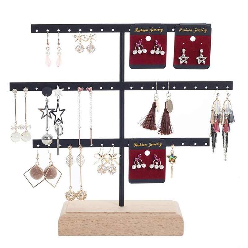 Jewelry Organizer Stand - 3 Tier Earring Holder Rack - Wood Display Tree for Hanging Earrings